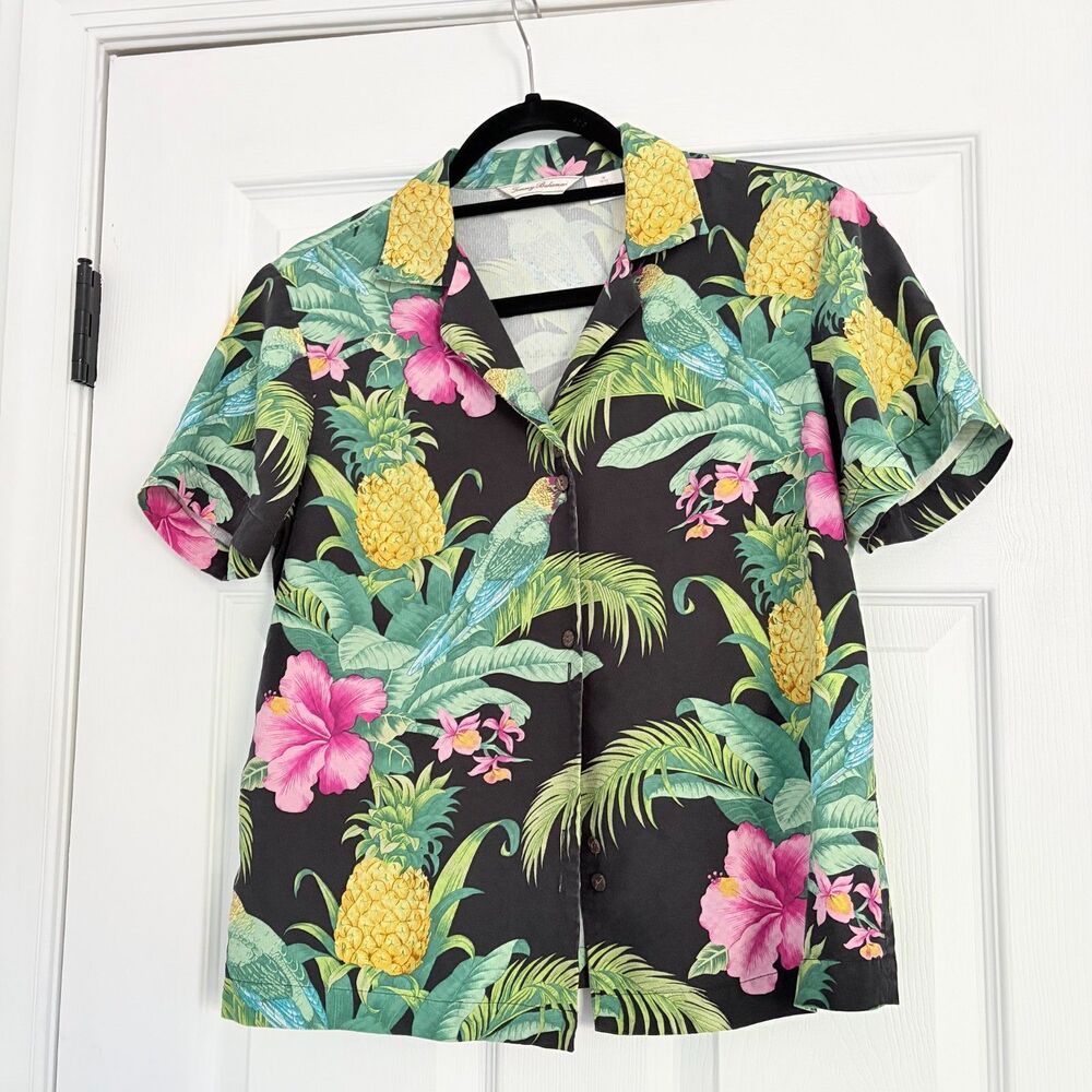 Tommy Bahama 100% Silk Tropical Pineapple Parrot Aloha Shirt Black Medium